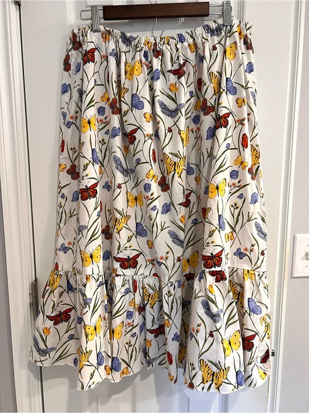 Handmade Butterfly Floral Tiered Midi Skirt White Cotton Red Yellow Blue Ruffle
